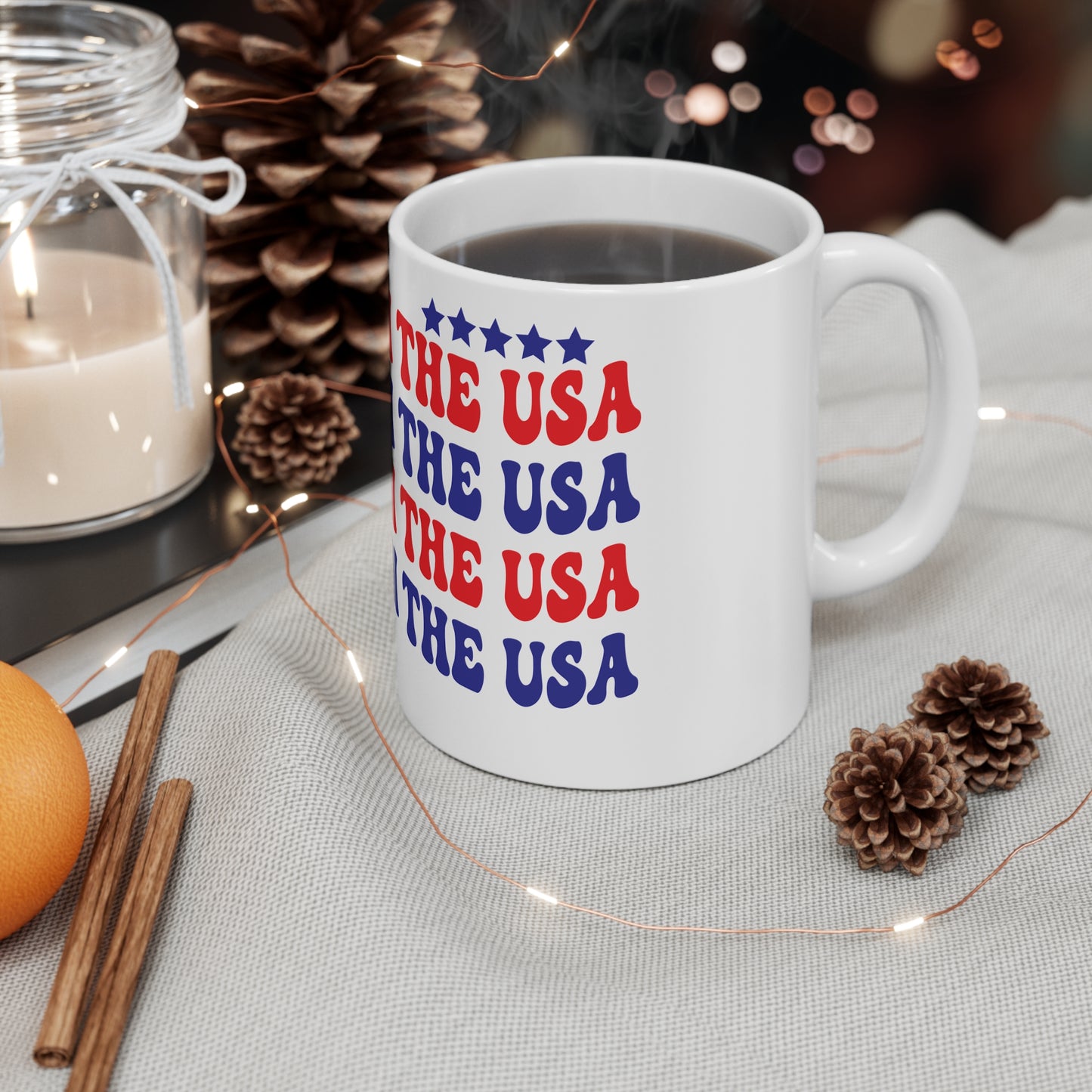 Party in the USA Coffee Mug – Retro Patriotic Mug – Bold Americana Typography Cup – 4th of July Party Mug Party in the USA 11oz Coffee Mug - Red & Blue Patriotic Stars Design