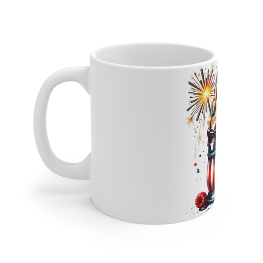 Patriotic Sundae Explosion Coffee Mug – 4th of July Ice Cream Mug – Red White Blue Dessert Cup with Fireworks & Flag Patriotic 4th of July Mug — American Flag Dessert Illustration (11oz)