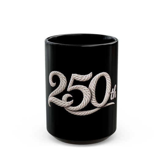 250th Anniversary Rope Script Mug β Commemorative Black Coffee Cup