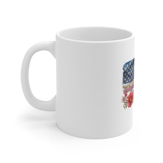 American Flag Floral Mug - Patriotic 11oz Coffee Cup