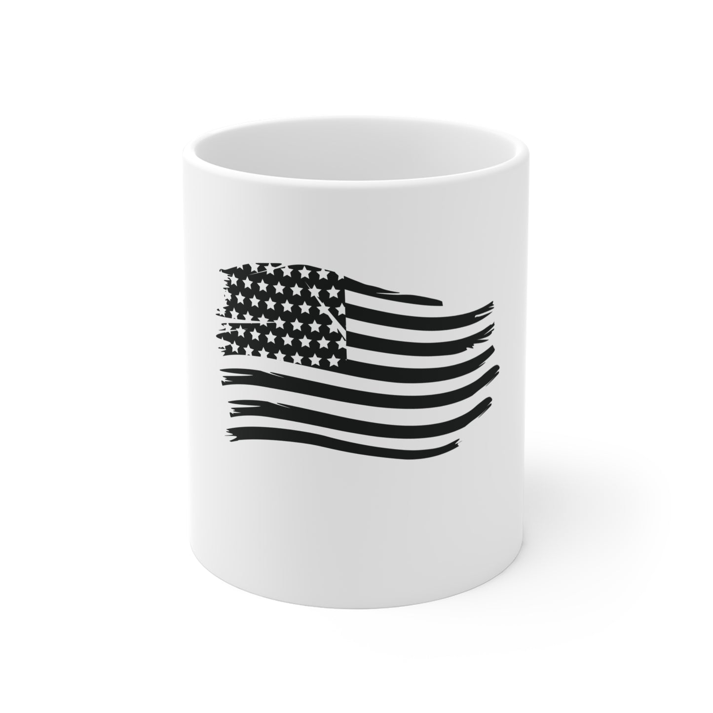 Blacked-Out Waving American Flag Coffee Mug – Stealth USA Flag Mug – Minimalist Patriotic Cup – Subdued Flag Design Mug 11oz