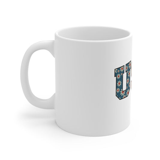 Floral USA Varsity Mug – Patriotic Flower Pattern Coffee Mug – Retro Americana Daisy USA Cup – Vintage Style USA Gift Mug 11oz