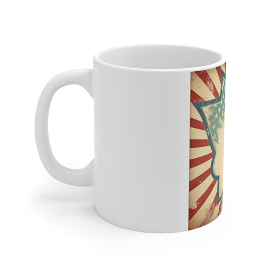 Vintage Patriotic Badge Coffee Mug – Distressed Americana Frame Mug – Retro USA Starburst Design Cup – Rustic Custom Style MugVintage American Flag Retro Badge Mug — Patriotic 11oz Coffee Cup