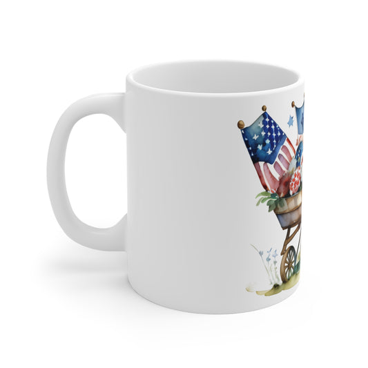 Patriotic Floral Wheelbarrow Mug – Americana Watercolor Garden Coffee Cup – Vintage Farmhouse USA Mug 11oz