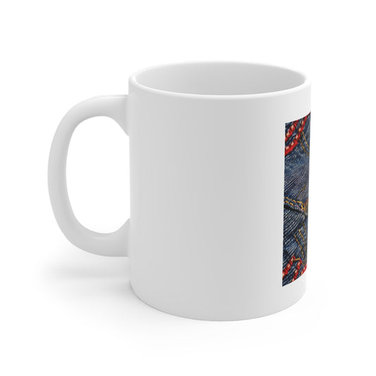 Denim American Flag Coffee Mug – Shallow Focus Patriotic Jeans Design – Artistic Stitch USA Mug – Vintage Americana Style CupAmerican Flag Denim Jeans Pattern Mug - Patriotic 11oz Coffee Cup