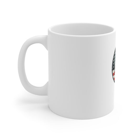 Vintage Patriotic Skull Coffee Mug – Distressed American Flag Skull Badge – Retro USA Skull Cup – Classic Americana Gift Mug 11oz