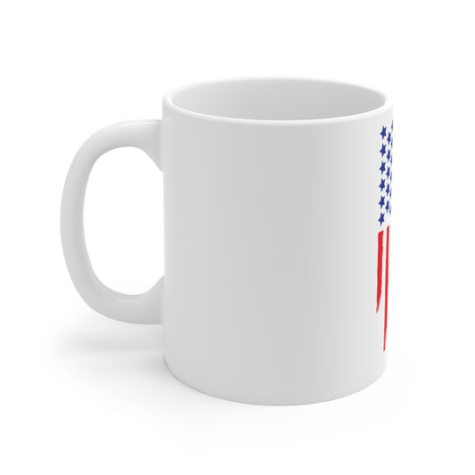 Distressed Vertical American Flag Coffee Mug – Drip Stripe USA Flag Mug – Bold Patriotic Cup – Red White Blue Gift Mug 11oz