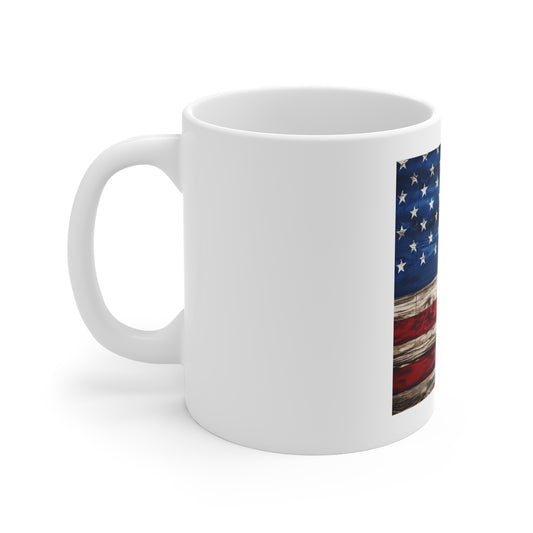 Classic American Flag Wood Coffee Mug – Painted Barnwood USA Flag Mug – Rustic Wooden American Flag Cup – Vintage Patriotic Gift American Flag Rustic Wood Mug — 11oz Patriotic Coffee Cup