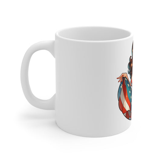 Americana Pin-Up Girl Coffee Mug – Vintage Patriotic Woman Mug – Retro USA Pinup Cup – Red White Blue Bombshell Gift Mug 11oz