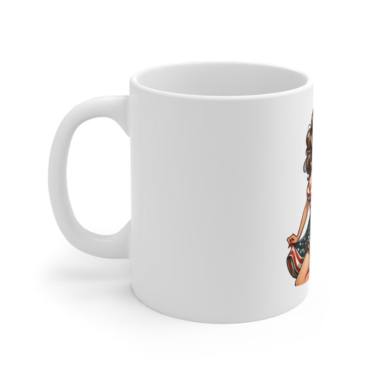 Patriotic Pin-Up Glam Mug – Vintage Americana Woman Coffee Mug – Retro USA Flag Dress Cup – Bold American Beauty Mug – Fourth of July Gift Patriotic Pin-Up Girl Coffee Mug – 11oz Vintage American Flag...