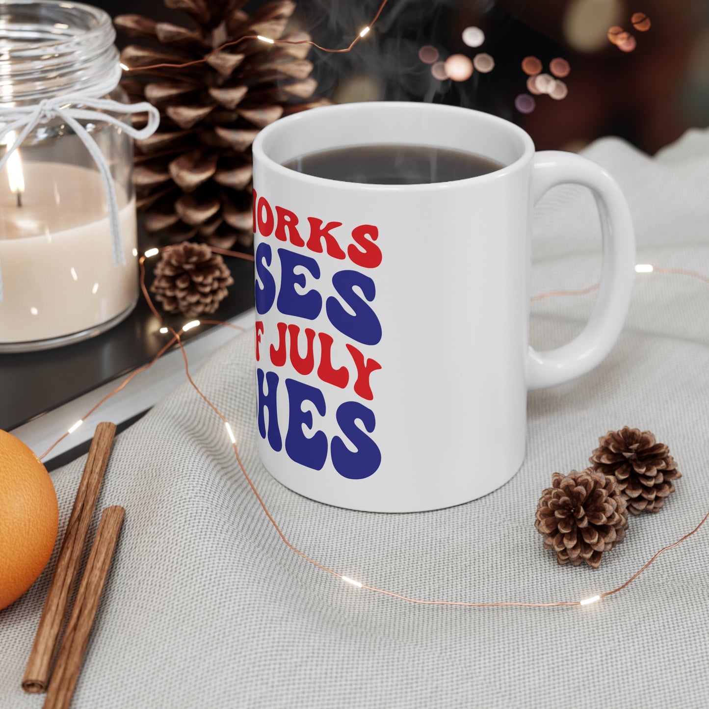 Fireworks Kisses 4th of July Wishes Coffee Mug – Patriotic Retro Typography Mug – Cute Americana Celebration Cup – Independence Day Gift Mug Mug 11oz