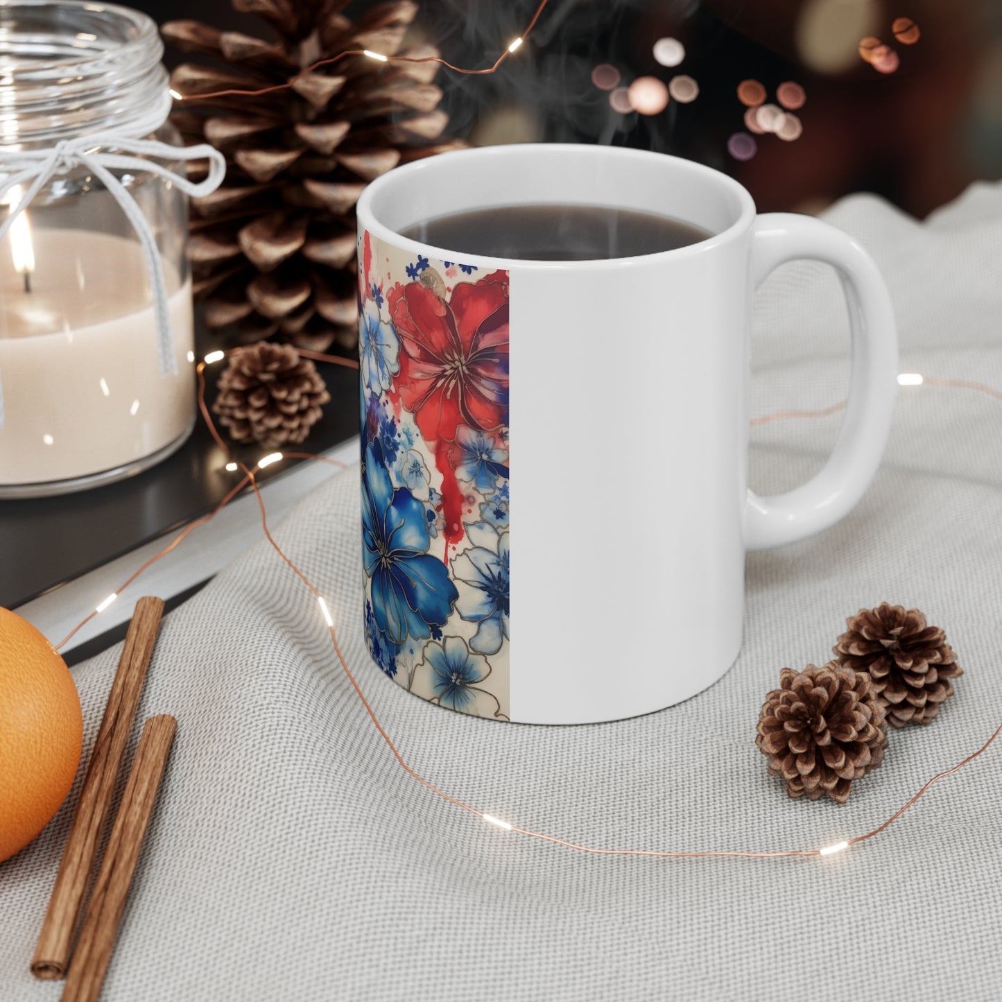 Elegant Patriotic Floral Coffee Mug – Red Blue Botanical Mug – Refined Watercolor Flower Cup – Premium Americana Art Mug Patriotic Watercolor Floral Mug – Red, White & Blue Flower Coffee Cup (11oz...