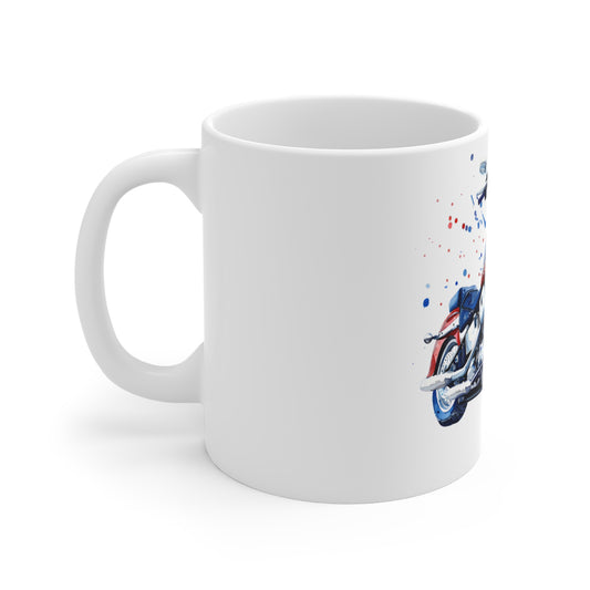 Patriotic Vintage Motorcycle Coffee Mug – Red White Blue Bike Mug – USA Biker Watercolor Art Cup – Freedom Rider Gift Mug 11oz