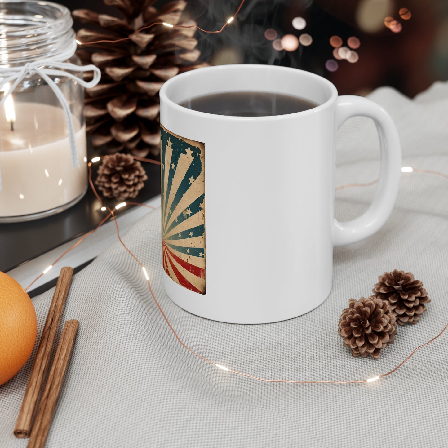 Vintage Americana Sunburst Coffee Mug – Retro Patriotic Rays Mug – Distressed USA Starburst Cup – Classic American Heritage Gift Vintage American Flag Sunburst Mug — 11oz Patriotic Coffee Cup
