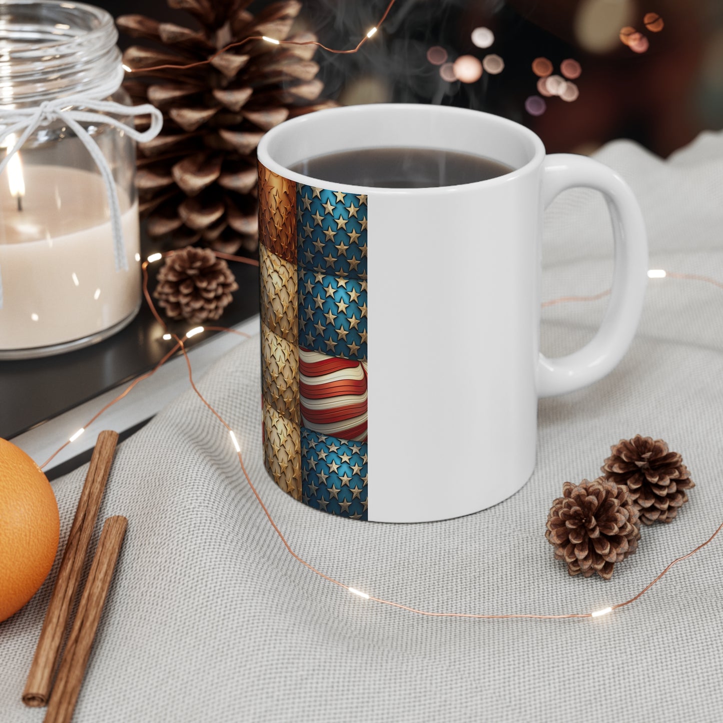 3D Americana Patchwork Coffee Mug – Vintage Patriotic Stars & Stripes Mug – Textured USA Flag Quilt Design – Rustic Red White Blue Mug 11oz