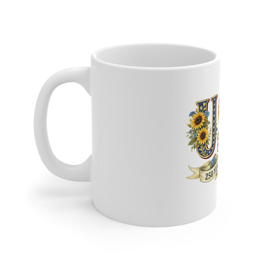USA 250 Years of Freedom Ceramic Mug β Patriotic Sunflower 11oz Coffee Cup
