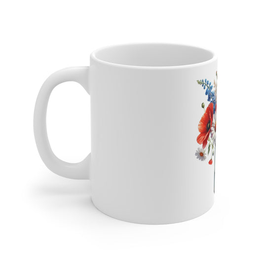 Patriotic Poppy & Daisy Mason Jar Coffee Mug – Red White Blue Wildflower Mug – Americana Floral Bouquet Cup – Summer Gift Mug Floral Mason Jar Mug — Poppies & Daisies 11oz
