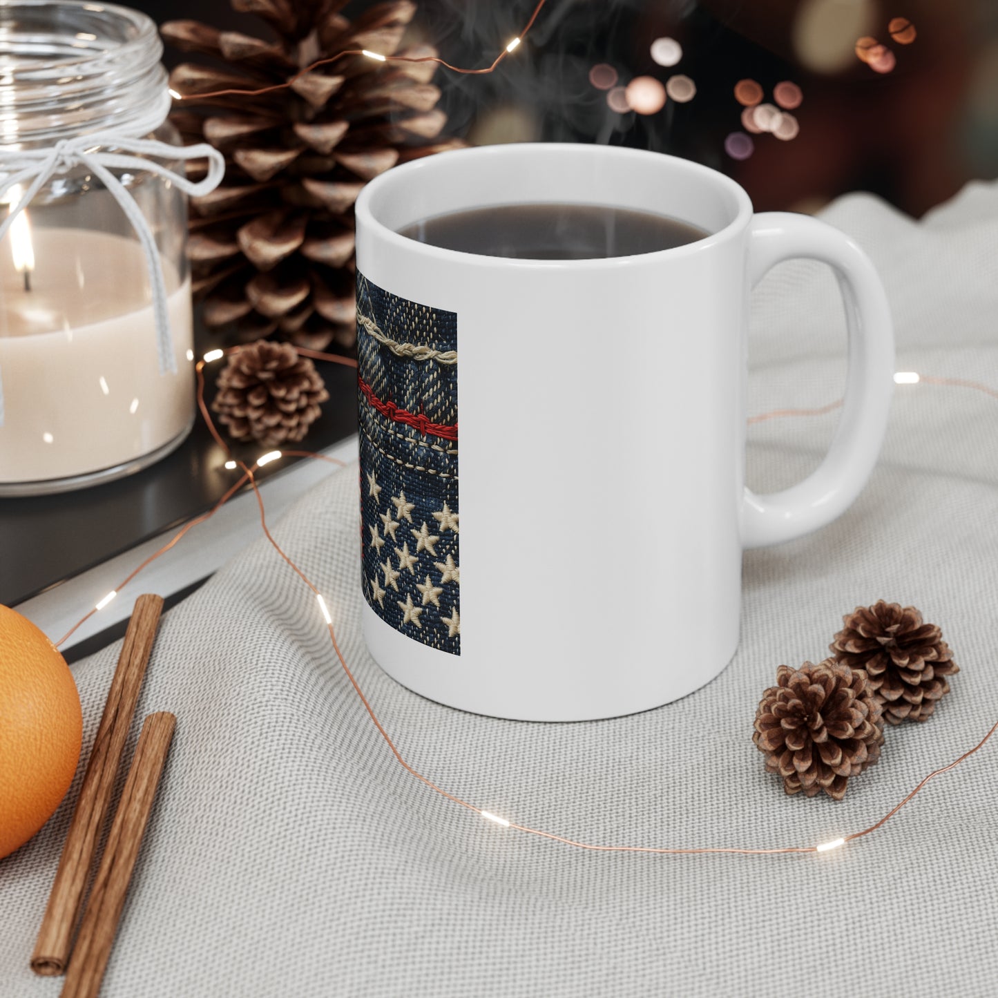 American Flag Denim Coffee Mug – Patched USA Flag Stitch Mug – Patriotic Jeans Cup – Rustic Americana Gift – Handmade Style Mug 11oz