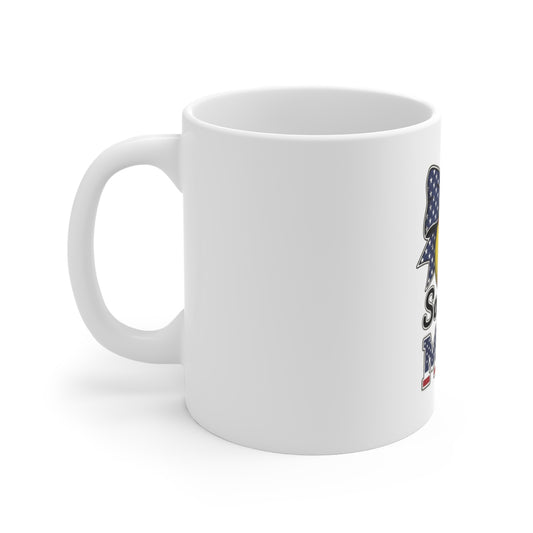 Softball Mom Patriotic Coffee Mug – American Flag Bow Softball Mug – USA Sports Mom Cup – Vintage Distressed Softball Gift Mug 11oz