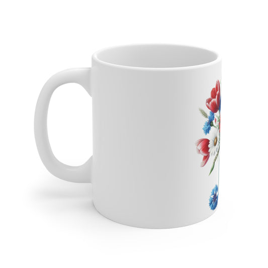 Patriotic Tulip & Daisy Coffee Mug – Red White Blue Floral Mason Jar Mug – Americana Spring Flower Cup – Elegant 4th of July Gift 11oz Floral Mason Jar Mug — Red Tulips, Daisies & Cornflowers Coffee...