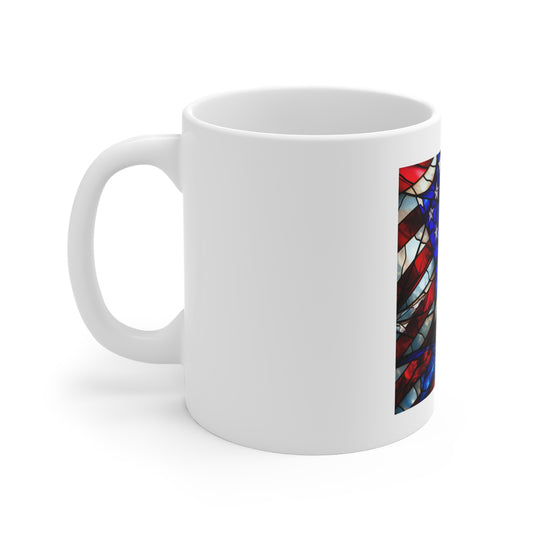 Stained Glass American Flag Coffee Mug – Starburst Patriotic Mug – Colorful USA Flag Cup – Artistic Americana Gift – Premium Art Mug