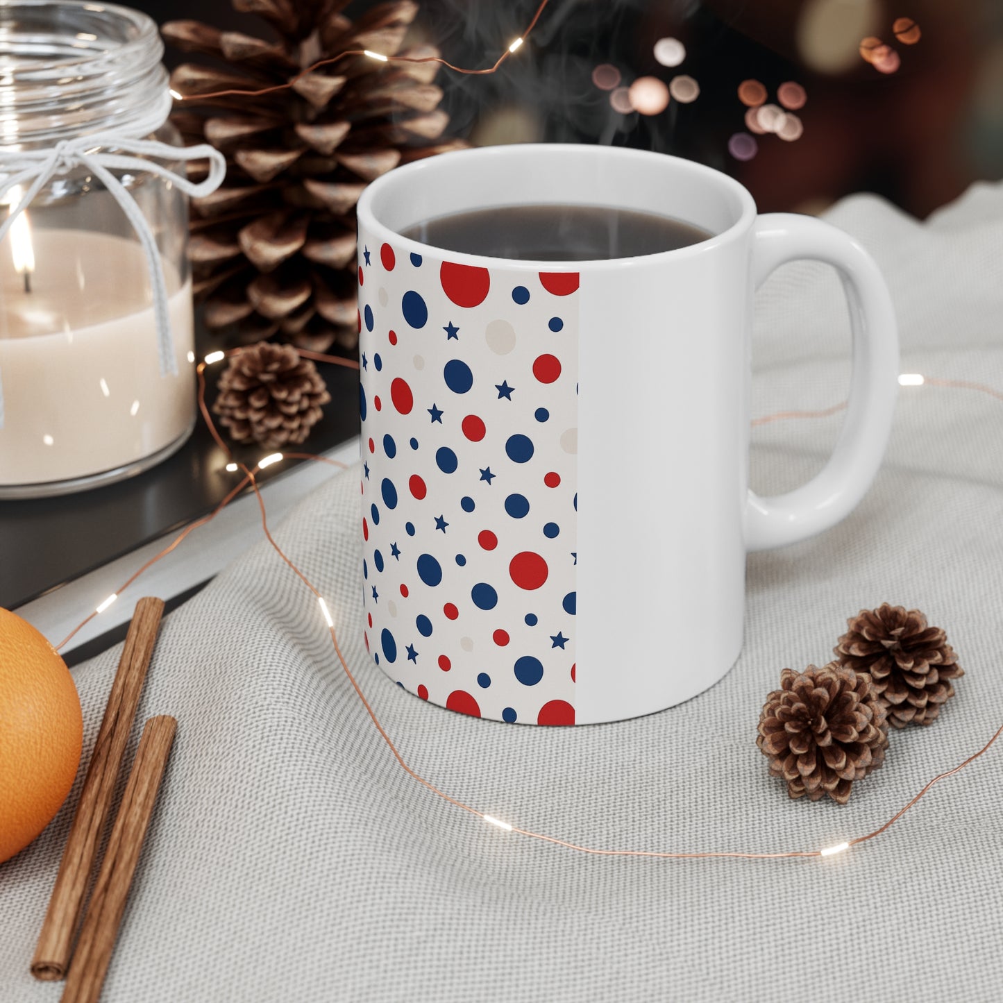 Patriotic Polka Dot Coffee Mug – Red White Blue Star Dot Mug – Minimalist USA Pattern Mug – Cute Americana Gift11oz