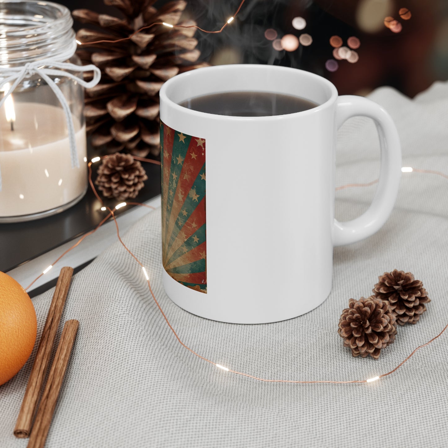 Vintage Americana Starburst Coffee Mug – Retro Patriotic Rays Mug – Distressed USA Star Pattern Cup – Classic Americana Gift Vintage Starburst 11oz Coffee Mug - Patriotic Retro Design