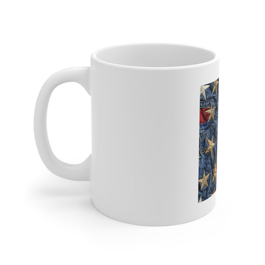 Distressed Denim American Flag Coffee Mug – Embroidered Stars & Stitched Patchwork USA Mug – Rugged Patriotic Jeans Design CupAmerican Flag Denim Patch Mug — Patriotic 11oz Coffee Cup
