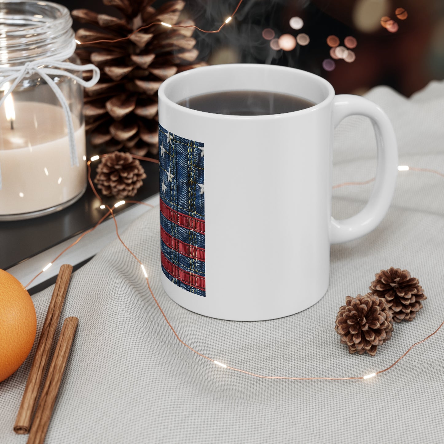 American Flag Denim Coffee Mug – Patriotic Jeans Stitch Mug – USA Flag Cup – Rustic Americana Gift – Country Style Mug 11oz Ceramic