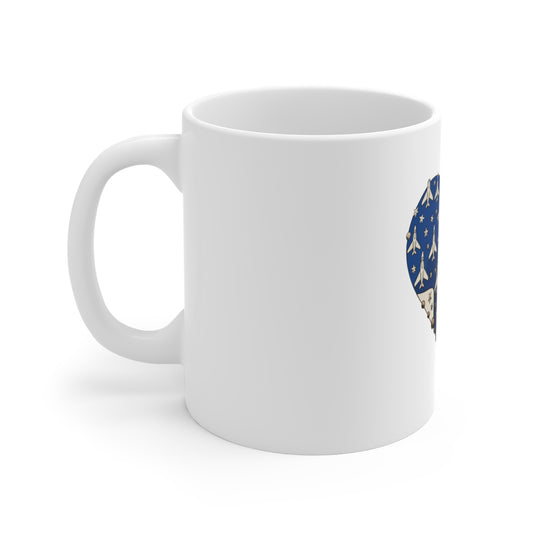 Patriotic Jet Heart Mug — American Flag Fighter Plane Coffee Cup (11oz)