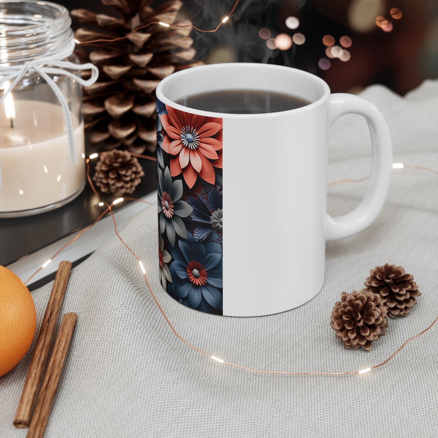 Patriotic 3D Floral Pattern Coffee Mug β Red Blue Layered Flower Mug β Modern Sculpted Botanical Cup β Bold Americana Design Mug Floral Pattern 11oz Mug β Red & Blue Vintage Flower Design