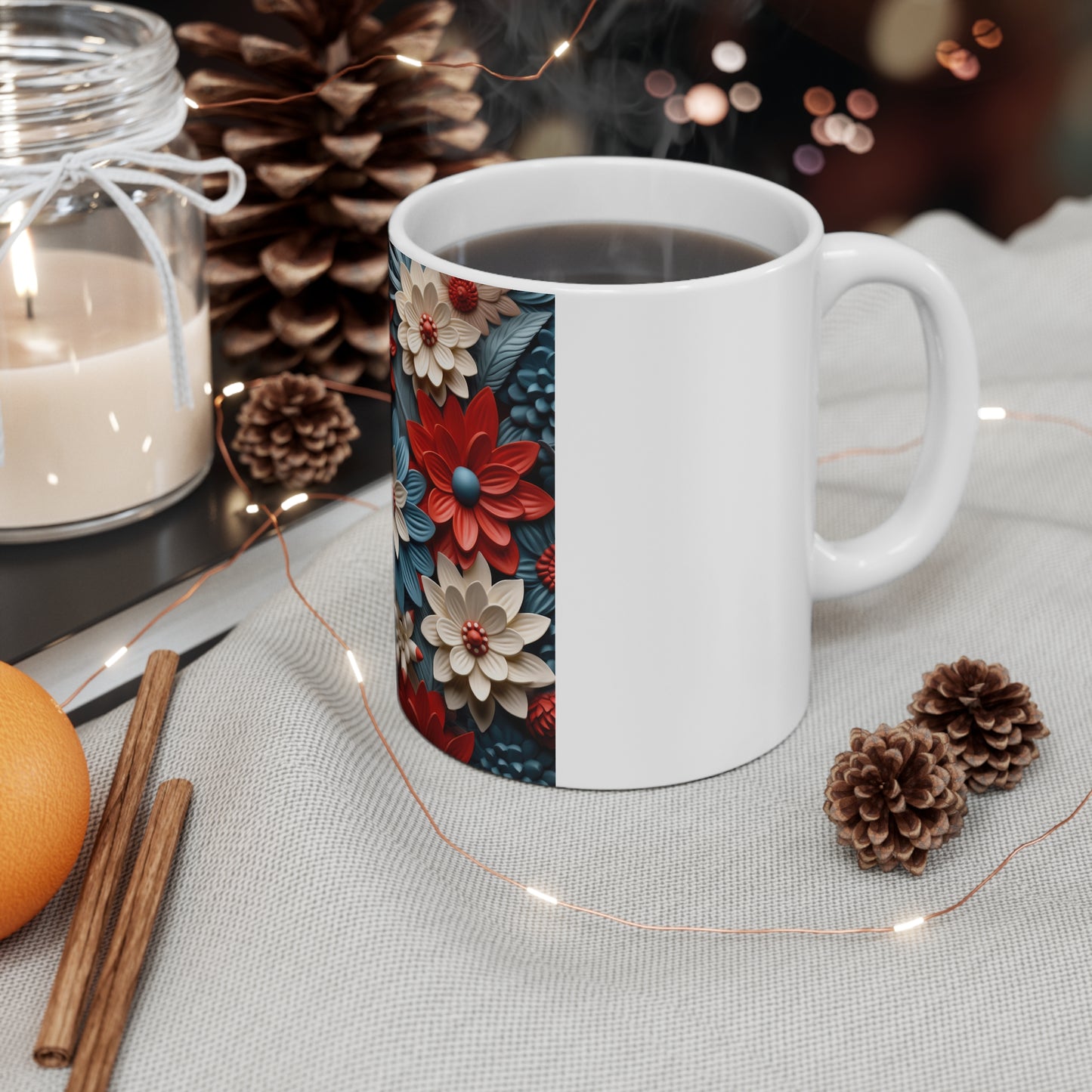 Patriotic 3D Floral Pattern Coffee Mug β Red White Blue Sculpted Flower Mug β Layered Botanical Art Cup β Modern Americana Mug Red, White & Blue 3D Floral Pattern Mug β Patriotic Flower Coffee Cup (11...