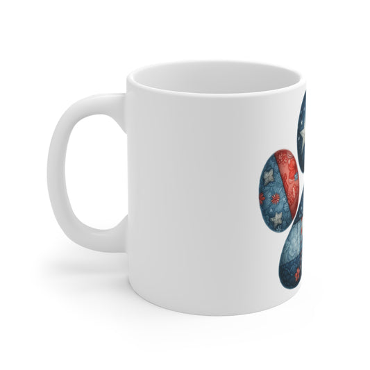 Floral Patriotic Dog Paw Coffee Mug – Americana Flower Patch Paw Print Mug – Red White Blue Quilt Dog Lover Mug – USA Gift Cup Patriotic Paw Print 11oz Mug – Red, White & Blue Floral Stars Coffee Cup...