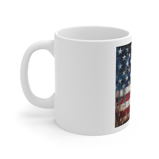 Drip-Stained Barnwood American Flag Coffee Mug – Heavy Distress USA Flag Mug – Rustic Weathered Wood Patriotic Cup – Vintage Americana Mug Distressed American Flag Mug - 11oz Patriotic Coffee Cup (...