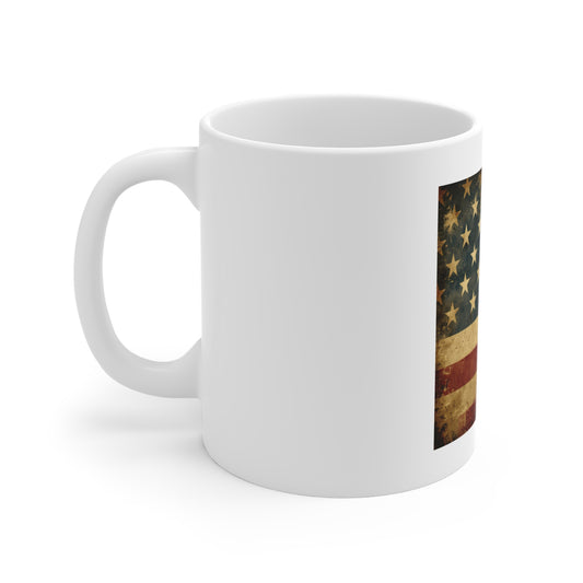 Vintage American Flag Coffee Mug – Antique Patriotic USA Mug – Aged Americana Stars & Stripes 11oz Ceramic Cup – Classic Heritage Gift