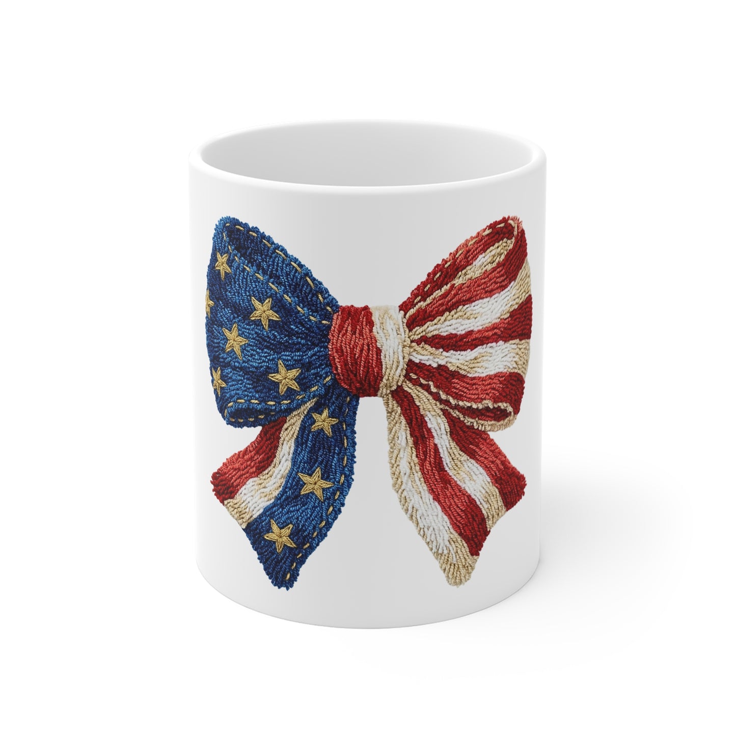 Patriotic American Flag Bow Mug – 11oz USA Stars & Stripes Coffee Cup