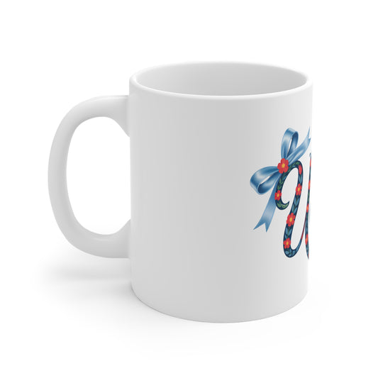 USA Floral Script 11oz Mug — Patriotic Red White Blue Coffee Cup
