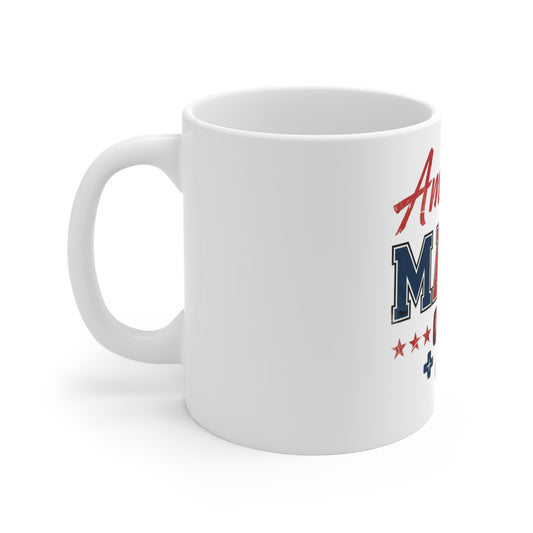 American Mama Patriotic Coffee Mug – Red White Blue USA Mom Mug – Distressed Vintage Americana Cup – Bold Patriotic Gift for Moms Mug 11oz
