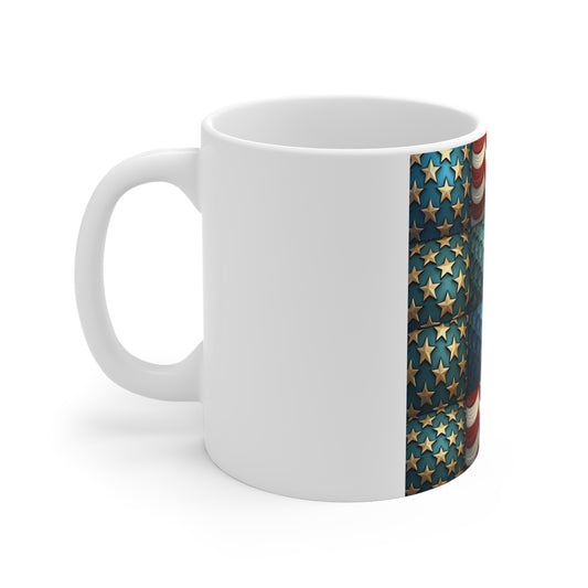 3D Americana Patchwork Coffee Mug – Vintage Patriotic Stars & Stripes Mug – Textured USA Flag Quilt Design – Rustic Red White Blue Mug 11oz