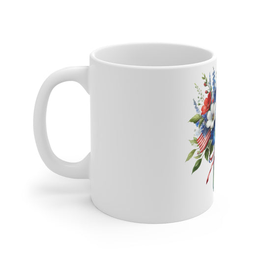 Patriotic Wildflower Mason Jar Coffee Mug – Red White Blue Floral Bouquet Mug – Americana Garden Flag Cup – 4th of July Gift Patriotic Red White Blue Floral Mug — 11oz Vase Bouquet with American Flag...
