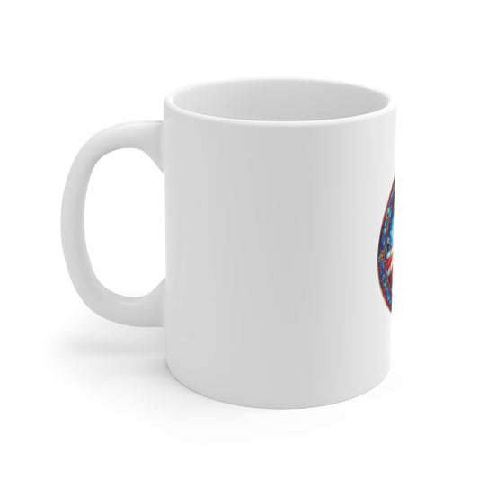 Stained Glass American Flag Mug – Radiant Flag Coffee Mug – Patriotic Sunburst USA Cup – Red White Blue Americana Gift Mug 11oz