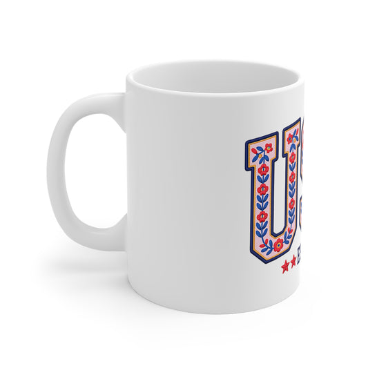 USA Floral Vintage 11oz Mug — EST. 1776 Patriotic Coffee Cup