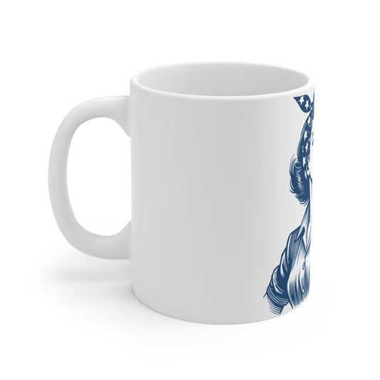 Patriotic American Woman Coffee Mug – Vintage Americana Female Portrait Mug – Strong Woman USA Art Mug – Retro Patriotic Gift Mug – Feminine Americana Cup Mug 11oz
