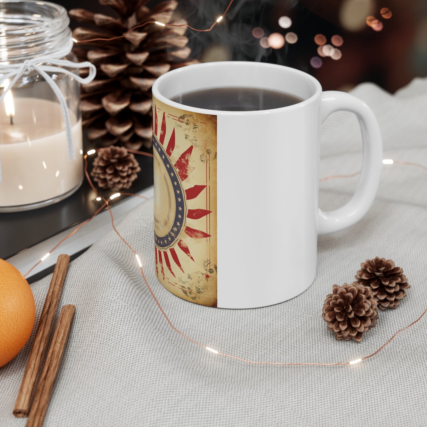 Vintage Patriotic Emblem Coffee Mug – Retro Americana Badge Mug – Distressed USA Star Circle Cup – Rustic Patriotic Design Mug Vintage Patriotic Sunburst Mug – Americana 11oz Coffee Cup