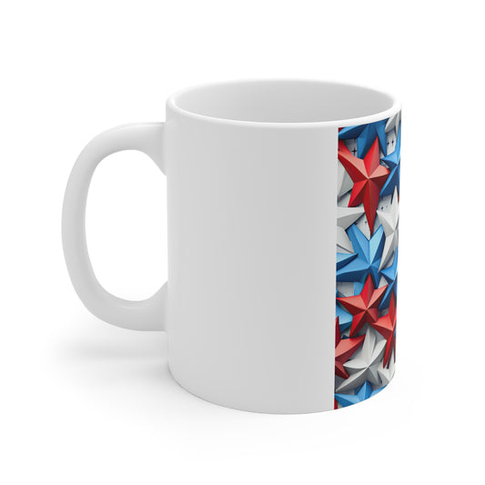 3D Patriotic Star Layer Coffee Mug – Red White Blue Stacked Stars Mug – Bold Americana Star Pattern – Modern USA Star Design 11oz