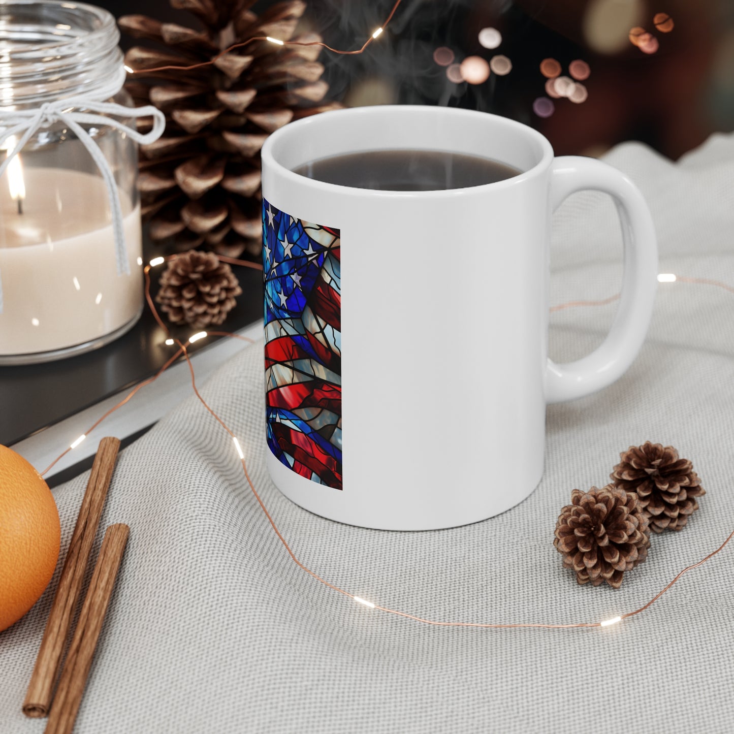 Stained Glass American Flag Coffee Mug – Starburst Patriotic Mug – Colorful USA Flag Cup – Artistic Americana Gift – Premium Art Mug
