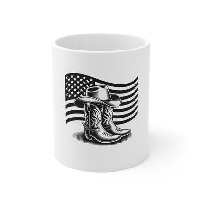 American Cowboy Boots & Hat Mug — Patriotic Western 11oz Coffee Cup