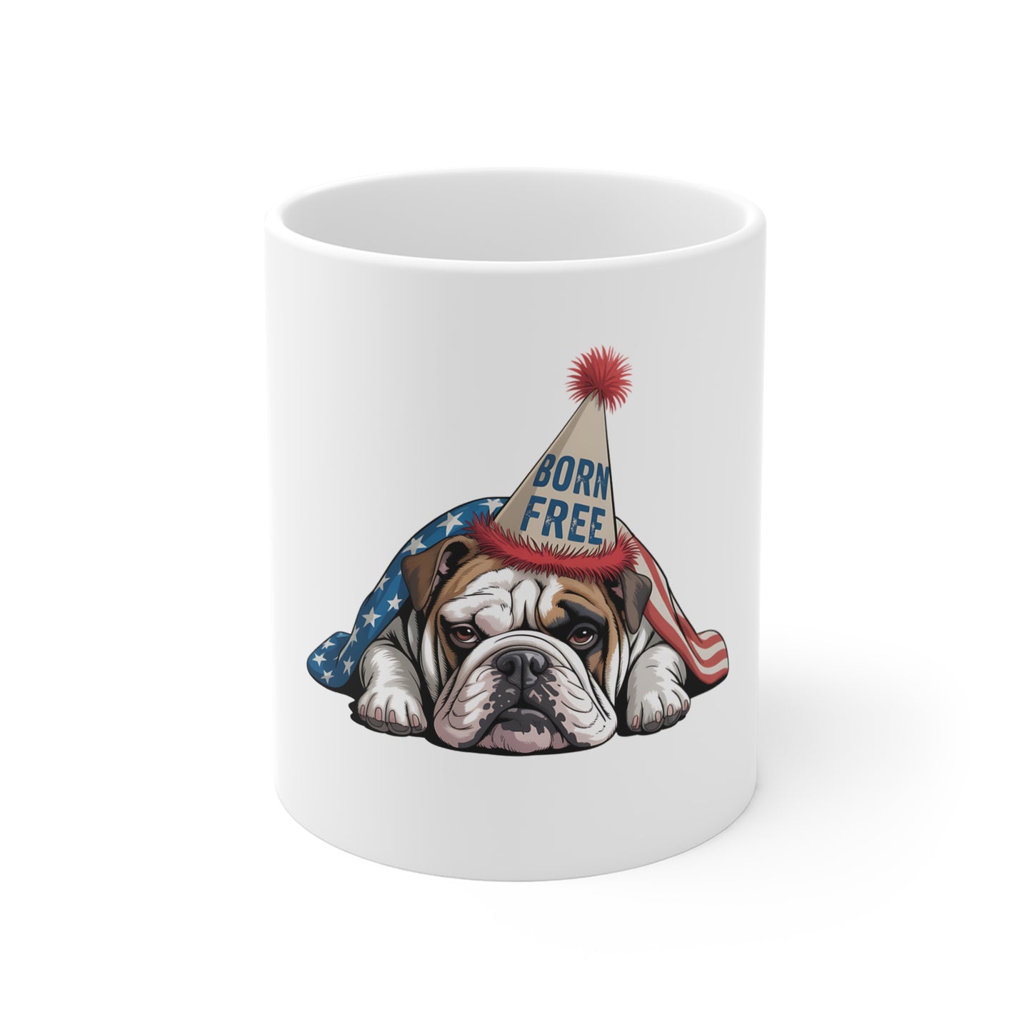Patriotic Bulldog 'Born Free' Coffee Mug — 11oz USA Flag Ceramic Mug