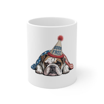 Patriotic Bulldog 'Born Free' Coffee Mug — 11oz USA Flag Ceramic Mug