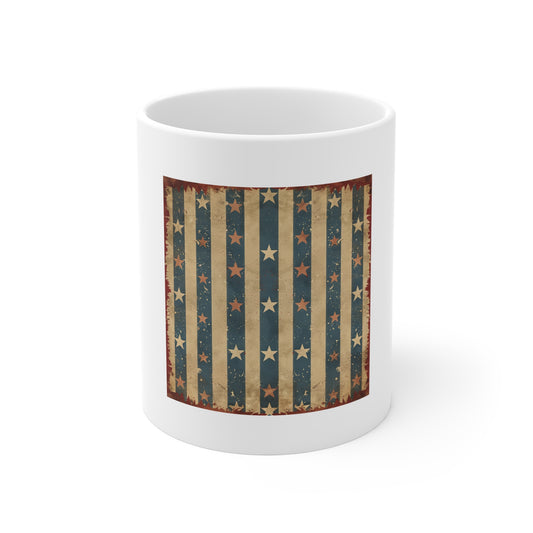Vintage Americana Stripe Coffee Mug – Distressed Star Stripe Patriotic Mug – Antique USA Flag Inspired Cup – Rustic Heritage Gift Vintage American Flag Mug — Distressed Stars & Stripes 11oz